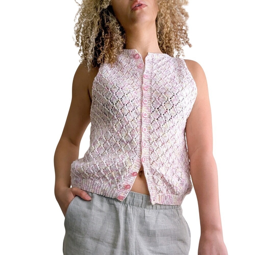 Vintage Handmade Y2K 90s Whimsy Cottage Pastel Pink Crochet Knit Button Up Vest
